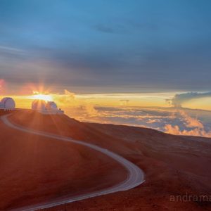 Observatories at sunset on  Maunakea, one of the tallest volcanoes in the world