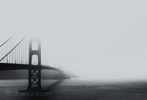 Golden Gate bridge piercing through the fog