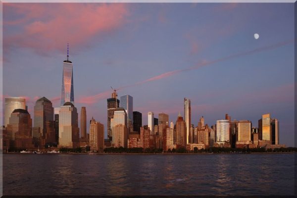The famous New York cityscape at sunset