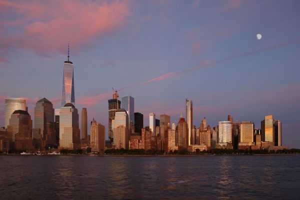 The famous New York cityscape at sunset