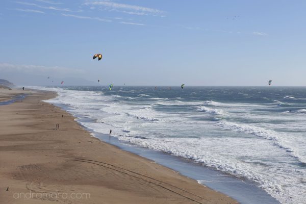 Kitesurfers take advantage of the strong winds