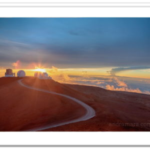 Observatories at sunset on Maunakea, one of the tallest volcanoes in the world