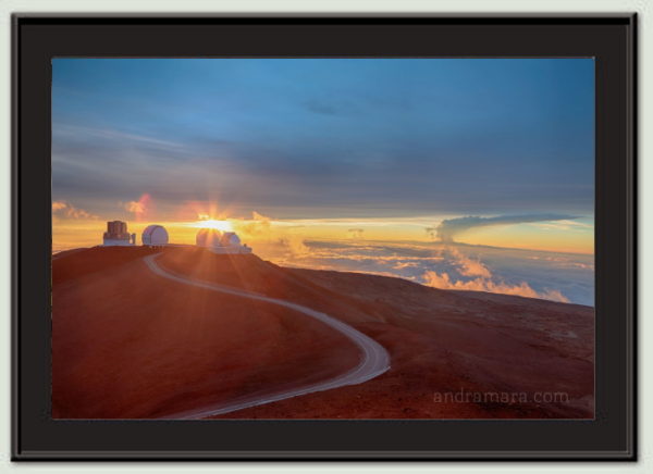 Observatories at sunset on Maunakea, one of the tallest volcanoes in the world